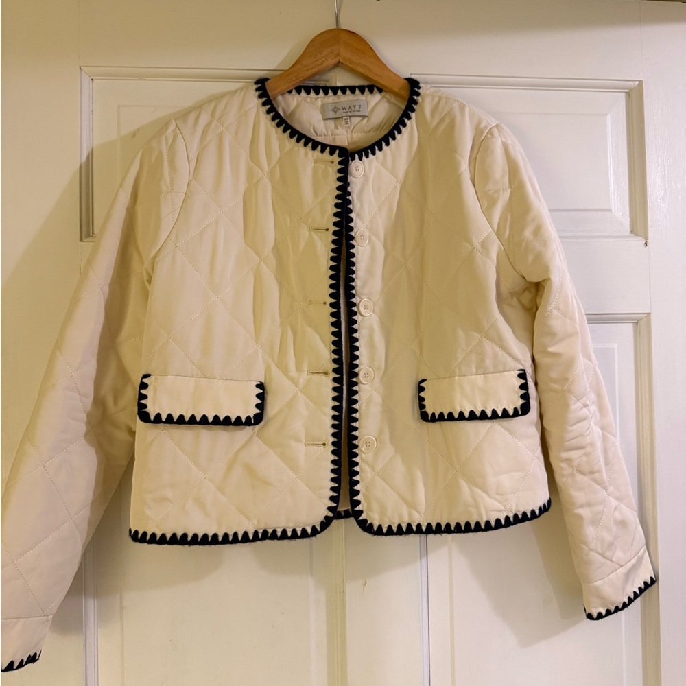 Wayf Cream Quilted Jacket with Black Trim